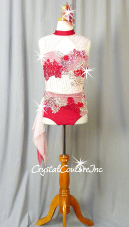 Custom Light Pink & Red Lycra Leotard with Mesh Details - Appliques & Swarovski Rhinestones