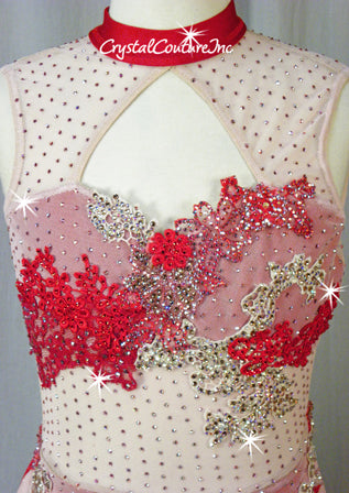 Custom Light Pink & Red Lycra Leotard with Mesh Details - Appliques & Swarovski Rhinestones