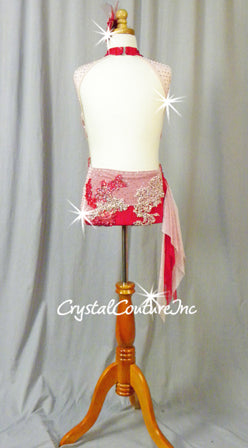Custom Light Pink & Red Lycra Leotard with Mesh Details - Appliques & Swarovski Rhinestones