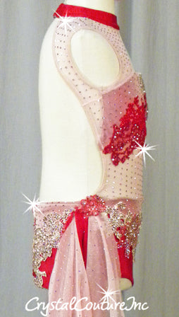 Custom Light Pink & Red Lycra Leotard with Mesh Details - Appliques & Swarovski Rhinestones