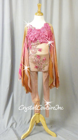 Custom Blush Pink Sheer Mesh Unitard with Lace Appliques & Ombre Wings - Swarovski Rhinestones