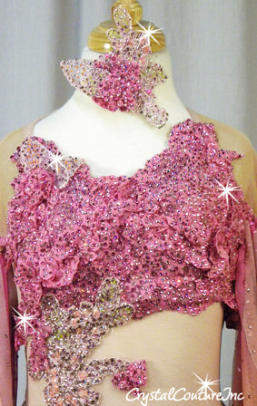 Custom Blush Pink Sheer Mesh Unitard with Lace Appliques & Ombre Wings - Swarovski Rhinestones