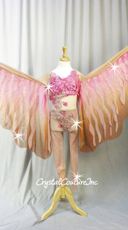 Custom Blush Pink Sheer Mesh Unitard with Lace Appliques & Ombre Wings - Swarovski Rhinestones