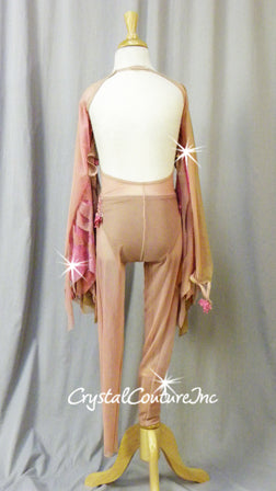 Custom Blush Pink Sheer Mesh Unitard with Lace Appliques & Ombre Wings - Swarovski Rhinestones