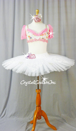 Pink/White Floral Top with White Platter Tutu - Swarovski Rhinestones