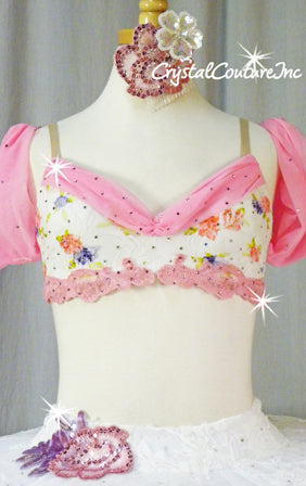 Pink/White Floral Top with White Platter Tutu - Swarovski Rhinestones