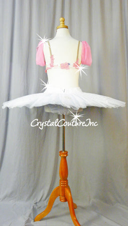 Pink/White Floral Top with White Platter Tutu - Swarovski Rhinestones