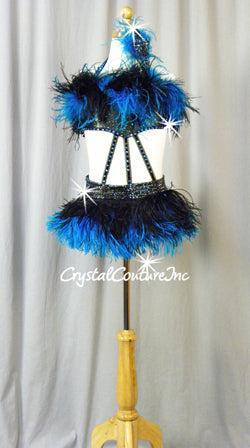 Custom Black Pleather Connected Two Piece with Feathers - Appiques Swarovski Rhinestones