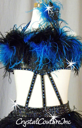 Custom Black Pleather Connected Two Piece with Feathers - Appiques Swarovski Rhinestones