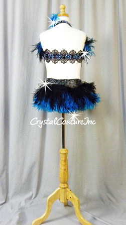 Custom Black Pleather Connected Two Piece with Feathers - Appiques Swarovski Rhinestones