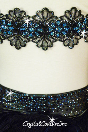 Custom Black Pleather Connected Two Piece with Feathers - Appiques Swarovski Rhinestones
