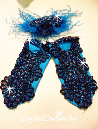 Custom Black Pleather Connected Two Piece with Feathers - Appiques Swarovski Rhinestones