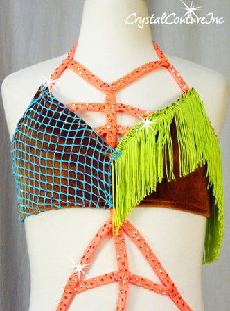 Custom Brown Velour Bra-Top & Briefs with Bright Color Trim and Fringe - Swarovski Rhinestones