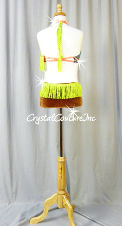 Custom Brown Velour Bra-Top & Briefs with Bright Color Trim and Fringe - Swarovski Rhinestones