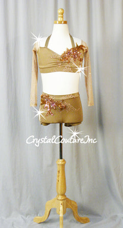 Lt Brown 2 Piece Halter Bra-Top and Booty Shorts - Swarovski Rhinestones