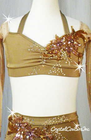 Lt Brown 2 Piece Halter Bra-Top and Booty Shorts - Swarovski Rhinestones