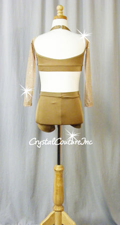 Lt Brown 2 Piece Halter Bra-Top and Booty Shorts - Swarovski Rhinestones