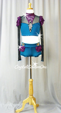 Dark Teal Blue Top and Booty Shorts with Purple Lace Accents -  Swarovski Rhinestones