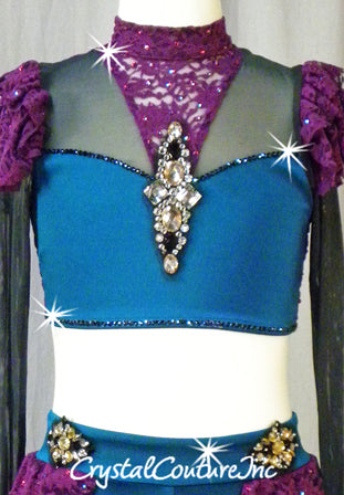 Dark Teal Blue Top and Booty Shorts with Purple Lace Accents - Swarovski Rhinestones