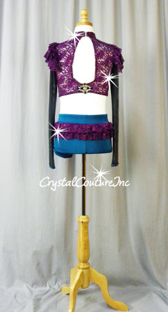 Dark Teal Blue Top and Booty Shorts with Purple Lace Accents -  Swarovski Rhinestones