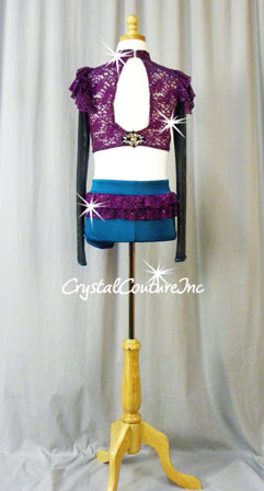 Dark Teal Blue Top and Booty Shorts with Purple Lace Accents - Swarovski Rhinestones