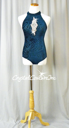 Green/Blue Velour Leotard with Rhinestone Applique