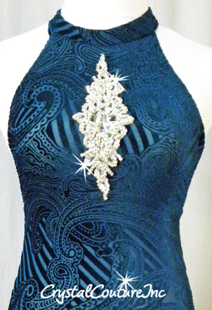 Green/Blue Velour Leotard with Rhinestone Applique
