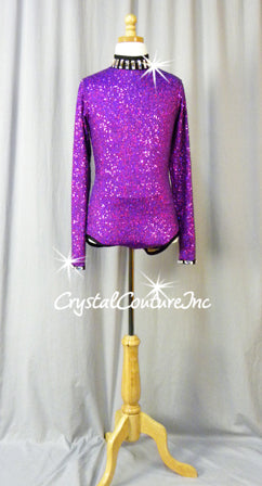 Purple Zsa Zsa Long Sleeve Leotard with Black Trim-  Swarovski Rhinestones