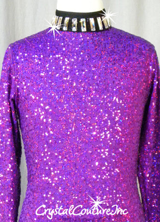 Purple Zsa Zsa Long Sleeve Leotard with Black Trim-  Swarovski Rhinestones