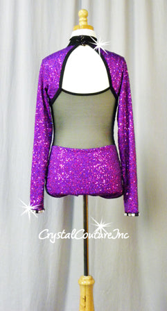 Purple Zsa Zsa Long Sleeve Leotard with Black Trim- Swarovski Rhinestones