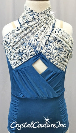Blue Shimmery Leotard with Ivory Lace Bodice - Swarovski Rhinestones