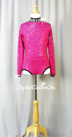 Fuchsia Zsa Zsa Long Sleeve Leotard with Black Trim- Swarovski Rhinestones