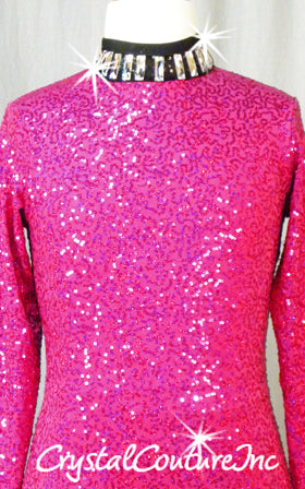 Fuchsia Zsa Zsa Long Sleeve Leotard with Black Trim-  Swarovski Rhinestones