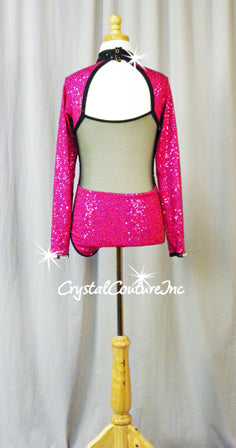 Fuchsia Zsa Zsa Long Sleeve Leotard with Black Trim- Swarovski Rhinestones