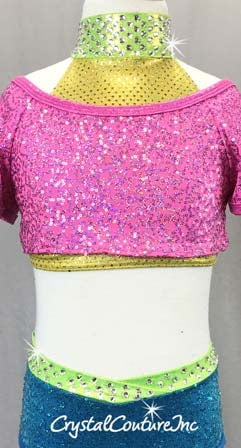 Pink/Yellow/Blue/Green 2 Piece Crop Top and Briefs - Swarovski Rhinestones