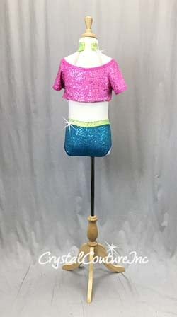 Pink/Yellow/Blue/Green 2 Piece Crop Top and Briefs - Swarovski Rhinestones