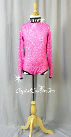 Pink Zsa Zsa Long Sleeve Leotard with Black Trim-  Swarovski Rhinestones