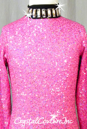 Pink Zsa Zsa Long Sleeve Leotard with Black Trim- Swarovski Rhinestones