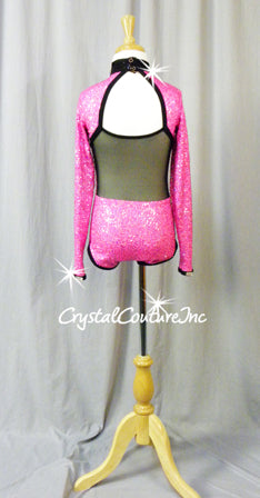 Pink Zsa Zsa Long Sleeve Leotard with Black Trim- Swarovski Rhinestones