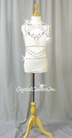 White Lycra and Sheer Mesh Leotard with Appliques - Swarovski Rhinestones