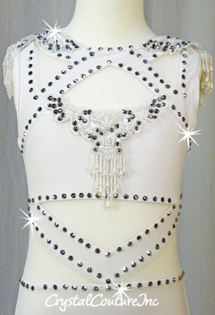 White Lycra and Sheer Mesh Leotard with Appliques - Swarovski Rhinestones
