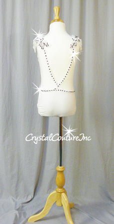 White Lycra and Sheer Mesh Leotard with Appliques - Swarovski Rhinestones