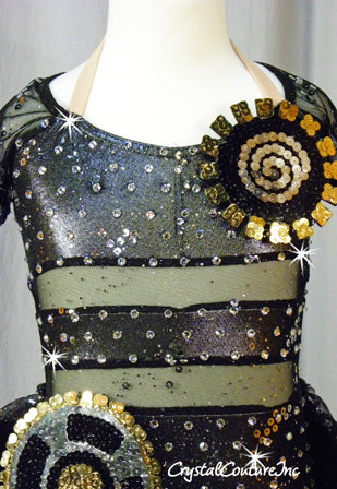 Custom Black/Silver Shimmery Leotard with Sheer Ruffle Skirt - Swarovski Rhinestones