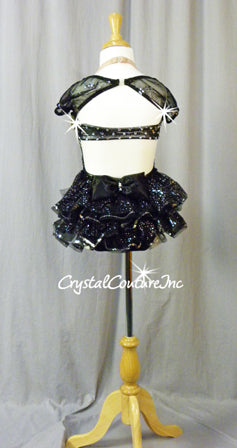 Custom Black/Silver Shimmery Leotard with Sheer Ruffle Skirt - Swarovski Rhinestones