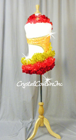 Yellow Connected 2 Pc Top and Trunk with Red/Orange/Yellow Ruffles - Rhinestones