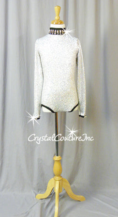 White/Silver Zsa Zsa Long Sleeve Leotard with Black Trim-  Swarovski Rhinestones