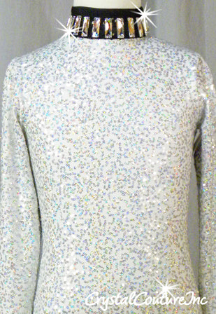 White/Silver Zsa Zsa Long Sleeve Leotard with Black Trim- Swarovski Rhinestones