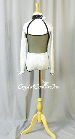 White/Silver Zsa Zsa Long Sleeve Leotard with Black Trim-  Swarovski Rhinestones