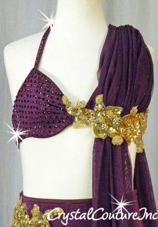 Plum Bra-Top/Trunks with Mesh Draping and Gold Appliques - Swarovski Rhinestones
