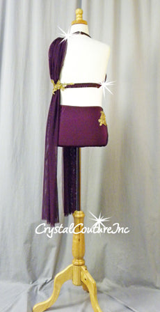 Plum Bra-Top/Trunks with Mesh Draping and Gold Appliques - Swarovski Rhinestones